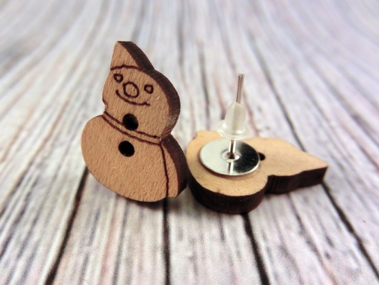 Preview: Schneemann Knopf Ohrstecker Holz Snowman Winter